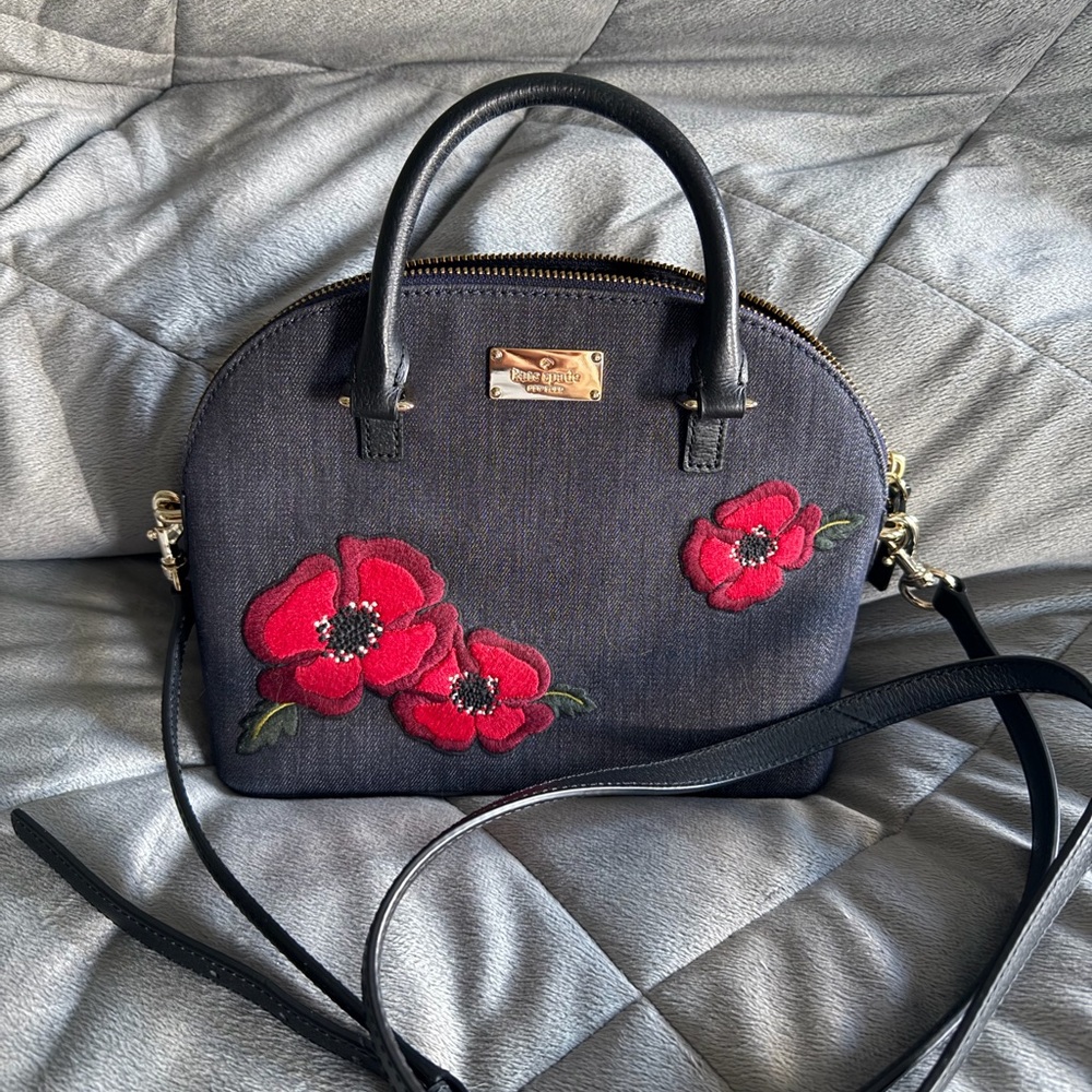 Kate Spade Navy Crossbody Bag with Red Floral Embroidery
